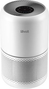 The Levoit Core 300S, voted the best air purifier for bedrooms, in a sleek white cylinder.
