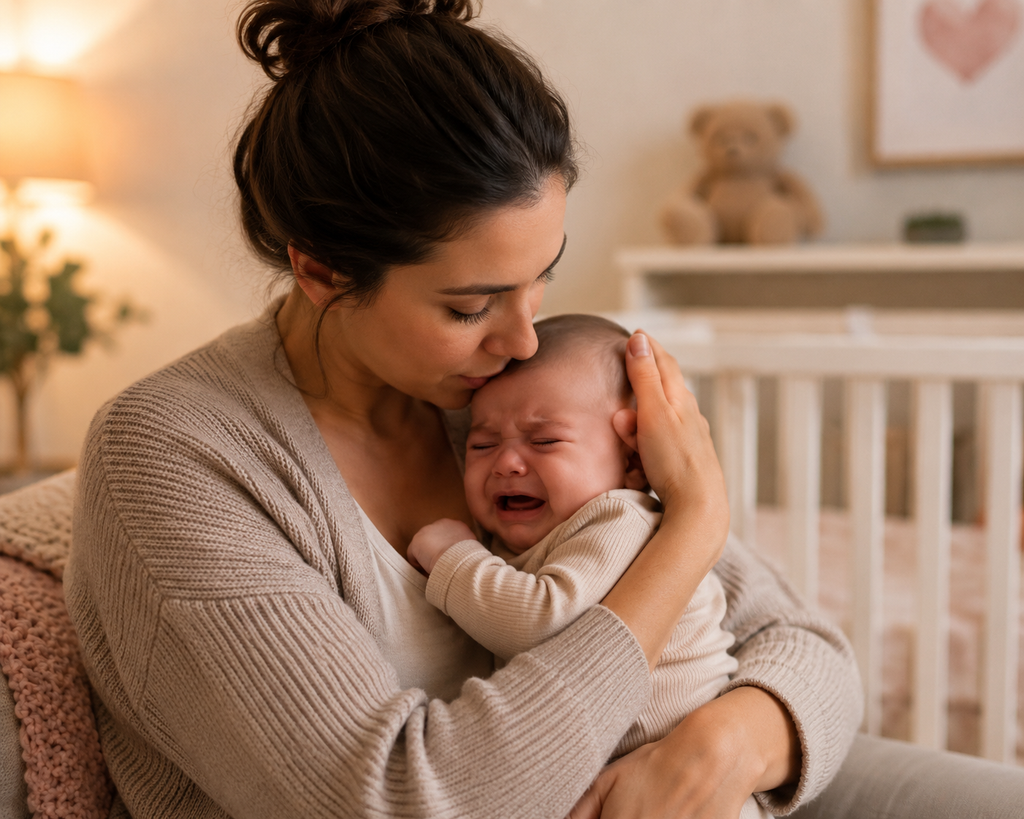 Comforting your baby is understand their language as this mom taking care holding her crying baby with love and kind