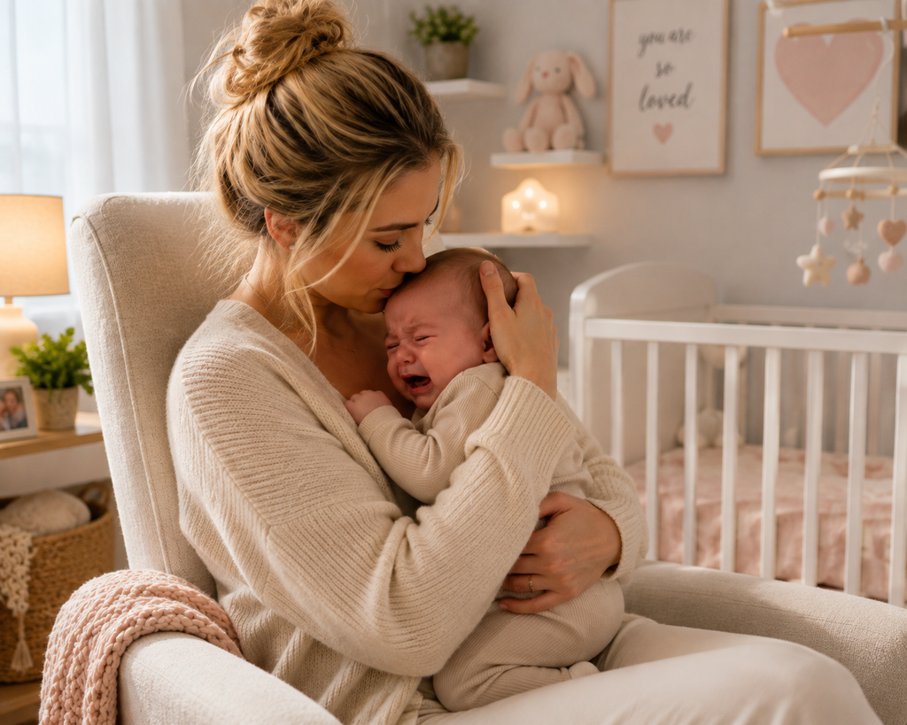 Mom holding her baby in a cozy home nursery