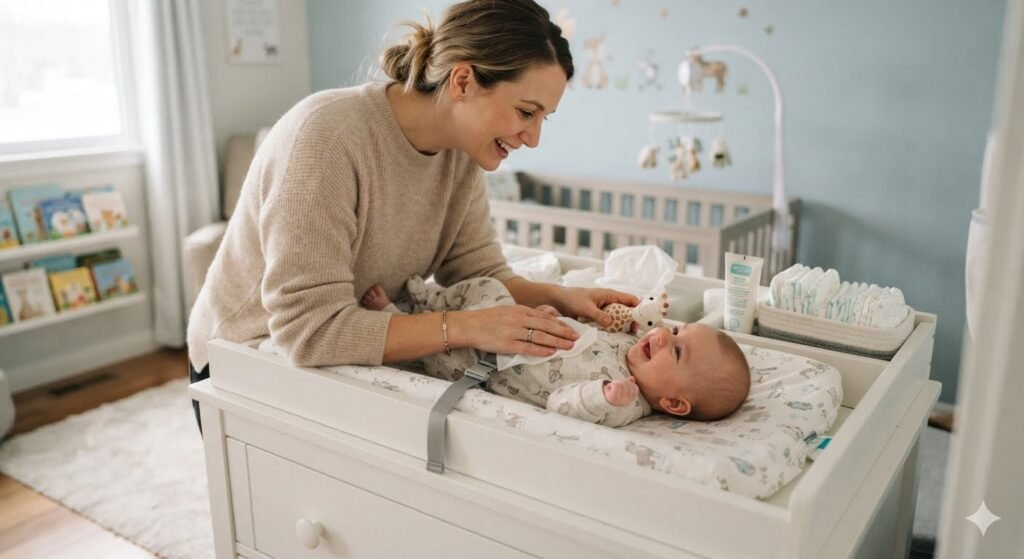 A smiling mother interacts with her baby on a nursery dresser, demonstrating changing table safety by keeping her hand securely on the infant while using a safety strap on the contoured pad.
