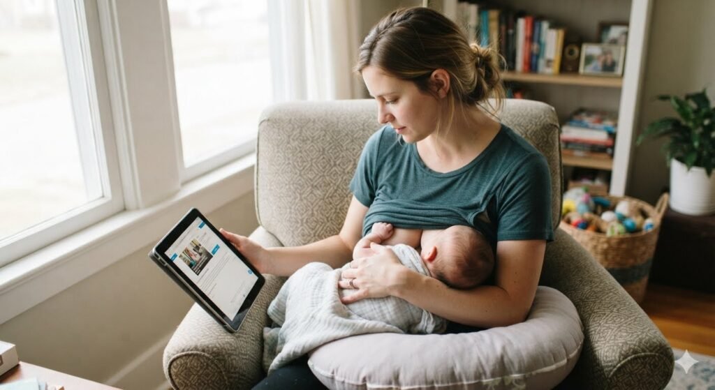 A photograph of a woman sitting in a comfortable armchair by a window, engaged in breast feeding her infant. She holds a digital tablet in one hand while using her other arm and a crescent-shaped nursing pillow to support the baby.