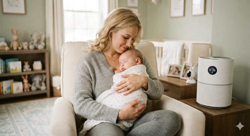 A blonde mother sits in a nursery armchair cradling her sleeping swaddled baby, with one of the top air purifiers for babies running quietly on a nearby side table.