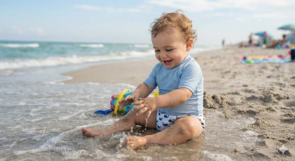 Baby playing in shallow seawater on a sandy beach, highlighting gentle baby skin care and diaper rash prevention during beach outings.