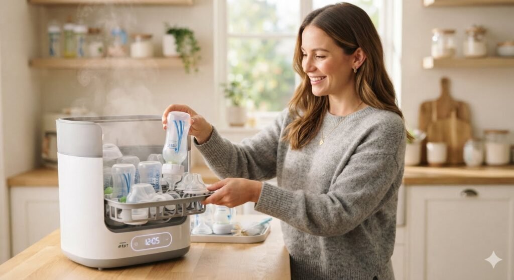 A smiling mother in a kitchen organizing clean glass baby bottles inside an electric steam baby bottle sterilizer device.