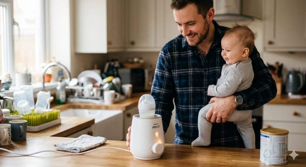 A smiling father holding his baby boy while using a white electric baby bottle warmer on a wooden kitchen counter.