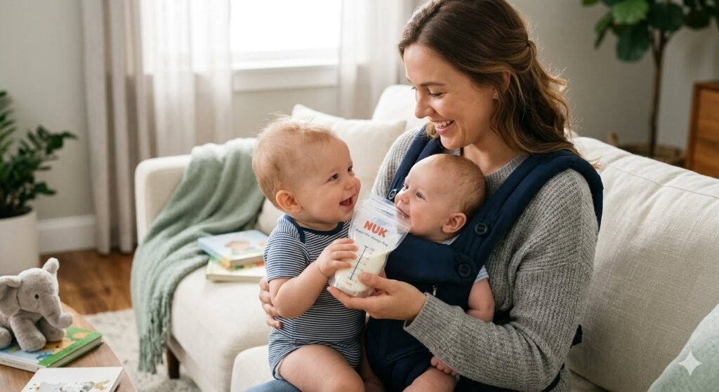 A joyful mother wearing a baby carrier holds a sealed breast milk storage bag containing expressed milk while bonding with her two young children on a sofa.