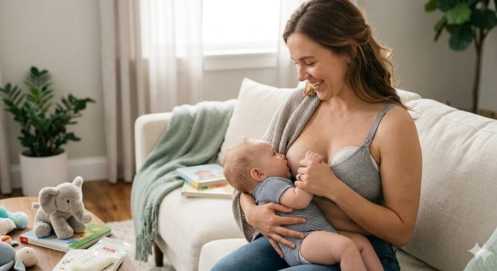 A happy mom sitting on a sofa comfortably nursing her baby boy, showing the supportive fit of a functional maternity nursing bra.