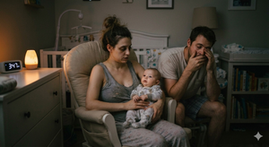 A mother holding a wide-awake infant in a nursery at 3:47 AM, while a yawning father rubs his eyes, illustrating the challenges of managing newborn wake windows by age.