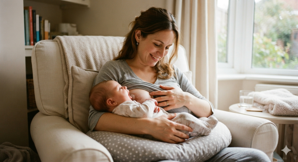 A smiling mother in a comfortable armchair uses the cradle breastfeeding positions to nurse her newborn baby supported by a nursing pillow.