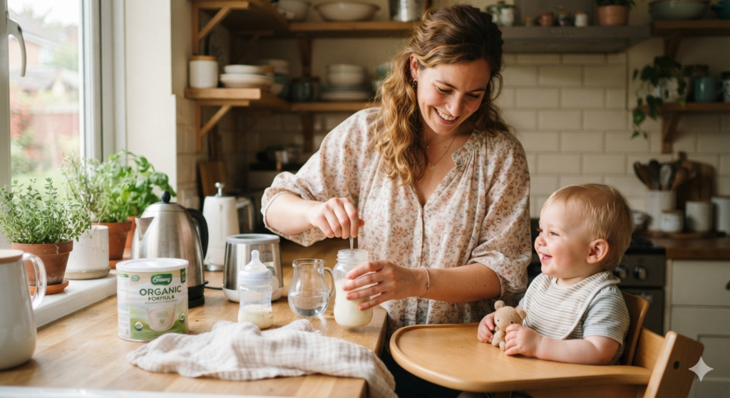 A smiling mother stands in a brightly lit kitchen preparing a bottle for her child, serving as a visual baby formula guide for healthy grows.