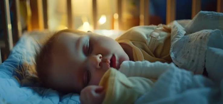 A close-up shot of a sleeping baby tucked under cozy blankets in a wooden crib. The warm background lights provide a serene atmosphere, perfect for a comprehensive Baby Sleep Guide.