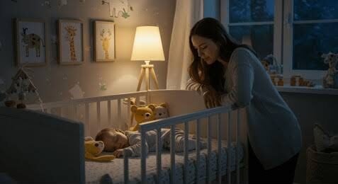 Mother watching her baby rest in a crib, illustrating tips on how to get a newborn to sleep at night.