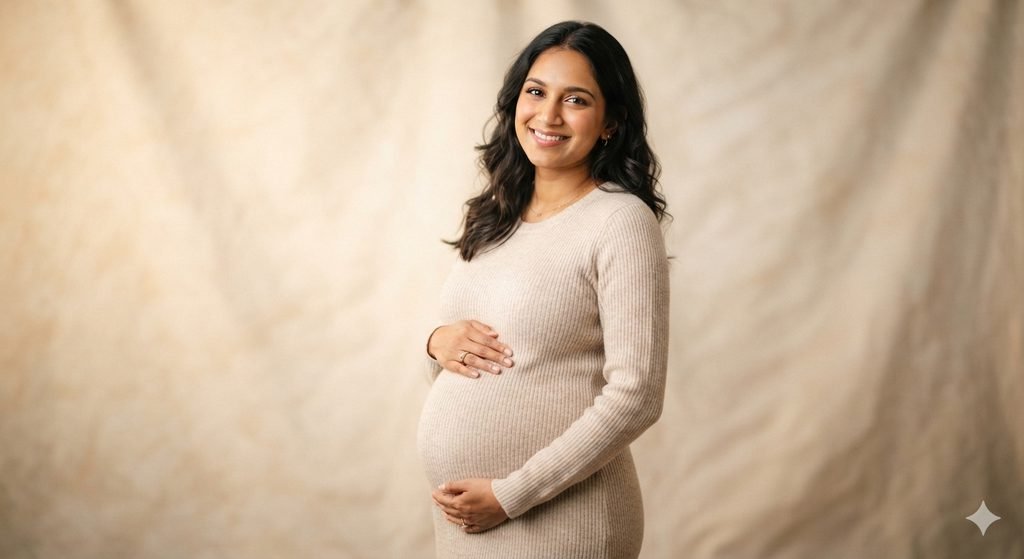 Smiling pregnant woman cradling her belly, celebrating pregnancy and conception.